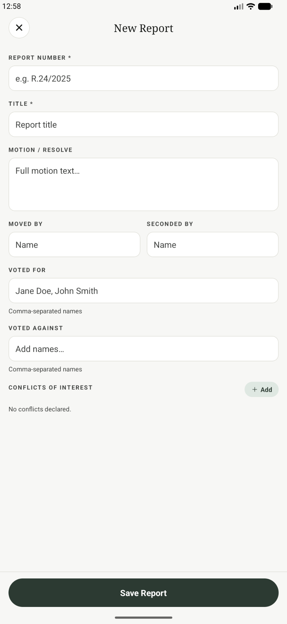 Governance Logger new report form on a 6.5 inch phone